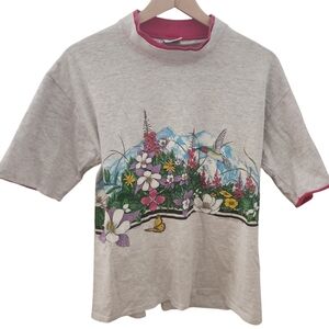 Vintage 90s 80s Cal Cru Wrap Around Graphic Animal Birds Floral Top Colorblock M